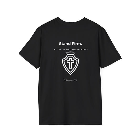 Back of Christian t-shirt with Shield of
Faith Armor of God design and Ephesians 6:16