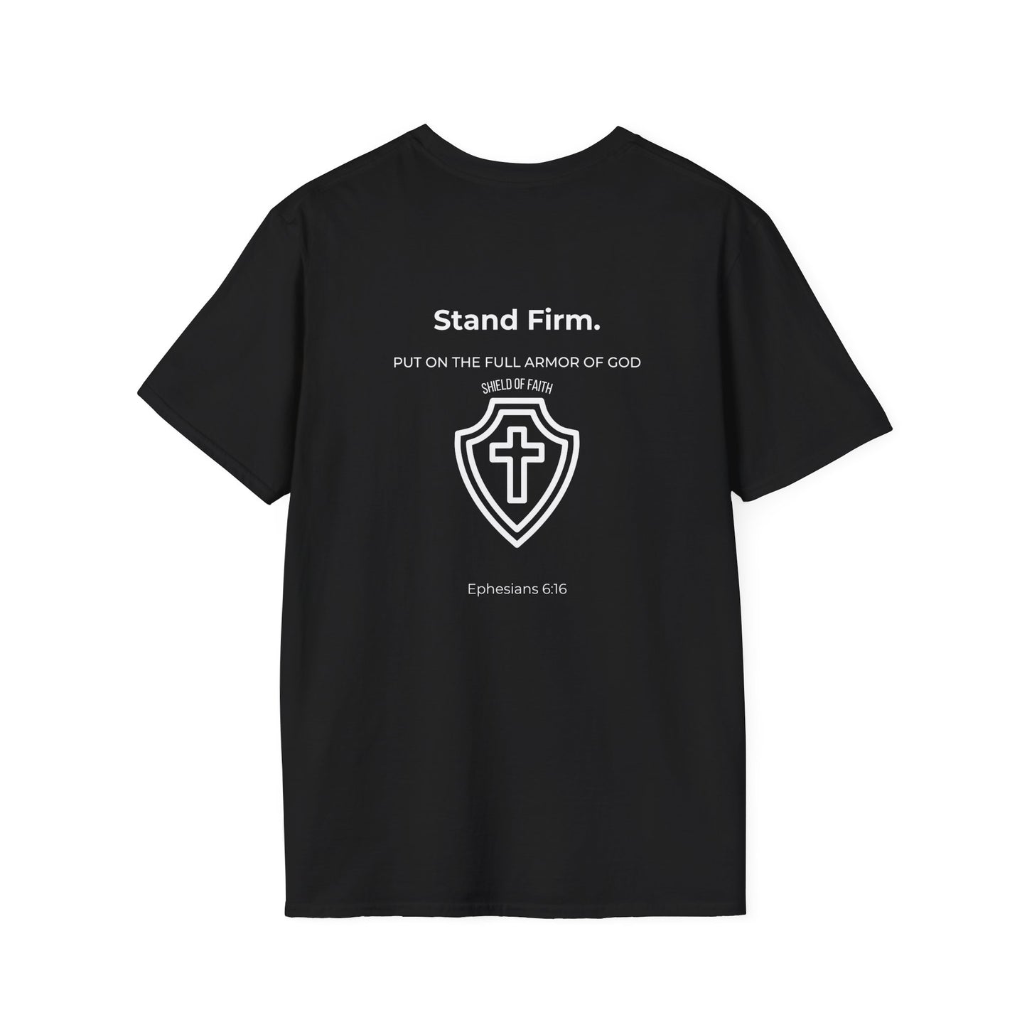 Back of Christian t-shirt with Shield of 
Faith Armor of God design and Ephesians 6:16